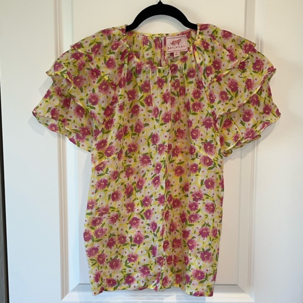 Banjanan Andrea Top Sz. S Floral Short Flutter Sleeve Delicate Feminine Boho